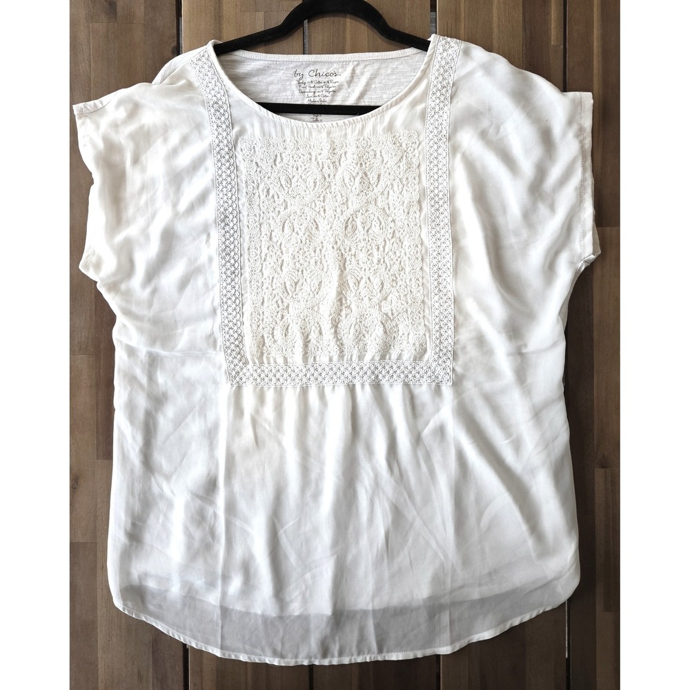 Chicos White Boho Embroidered Short Sleeve Blouse Sz L Cottagecore Fairy Bridal